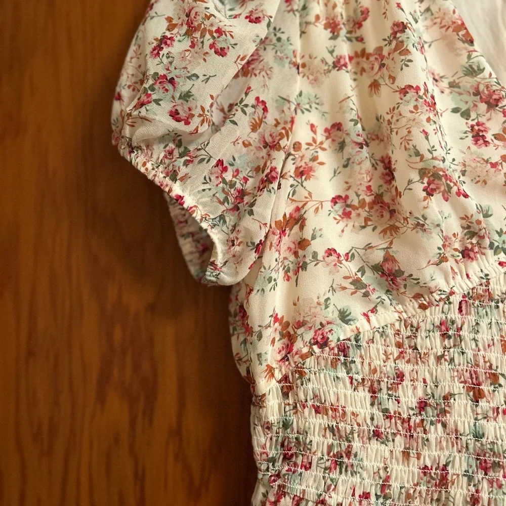 In Bloom Cream and Pink Floral Midi Dress - Picture 2 of 5